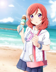 Rule 34 | 1girl, absurdres, bad id, bad pixiv id, bag, beach, blue skirt, blue sky, blush, bracelet, breasts, chocolate, cloud, cloudy sky, commentary request, day, diagonal stripes, food, hair ornament, hairclip, highres, holding, horizon, ice cream, ice cream cone, jewelry, lens flare, looking at viewer, love live!, love live! school idol festival, love live! school idol project, medium breasts, mountainous horizon, neckerchief, nishikino maki, ocean, open mouth, outdoors, pink neckerchief, pleated skirt, red hair, sand, scenery, scrunchie, shore, short hair, short sleeves, shoulder bag, siokazunoko, skirt, sky, solo, standing, striped clothes, striped scrunchie, sunlight, waffle cone