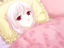Rule 34 | 1girl, amanatsu, bed, game cg, ginta, lying, misonogi sakurako, pink hair, red eyes, solo, tears, under covers