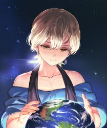 Rule 34 | 1boy, bad id, bad pixiv id, bare shoulders, blonde hair, blue shirt, closed mouth, collarbone, earrings, earth (planet), fingernails, hair between eyes, half-closed eyes, hands up, hoodp, jewelry, king of prism, king of prism by prettyrhythm, kisaragi louis, light, light smile, looking down, male focus, off-shoulder shirt, off shoulder, planet, pretty rhythm, pretty series, shirt, short sleeves, single earring, solo, space, star (sky), trap, upper body, yellow eyes