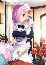 Rule 34 | 1girl, absurdres, bed sheet, blush, breasts, brown eyes, buttons, copyright name, dress, flower, frills, gloves, hair flower, hair ornament, hair over one eye, highres, indoors, light rays, looking at viewer, maid, maid headdress, medium breasts, open mouth, pillow, pointy ears, puffy short sleeves, puffy sleeves, purple hair, scan, senji (tegone spike), shiny skin, short hair, short sleeves, solo, white gloves, wide sleeves, window