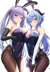 Rule 34 | 2girls, :o, akira (sayo dayoo), alternate costume, animal ears, asymmetrical docking, bare shoulders, black gloves, black pantyhose, blue hair, blue leotard, breast press, breasts, cleavage, closed mouth, commentary request, covered navel, cowboy shot, detached collar, elbow gloves, ganyu (genshin impact), genshin impact, gloves, goat horns, gradient eyes, hand on another&#039;s waist, highleg, highleg leotard, highres, horns, keqing (genshin impact), large breasts, leotard, long hair, looking at viewer, multicolored eyes, multiple girls, paid reward available, pantyhose, parted lips, playboy bunny, ponytail, purple eyes, purple hair, purple leotard, rabbit ears, shiny clothes, sidelocks, simple background, smile, strapless, strapless leotard, thighs, twintails, white background, white gloves