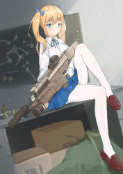 Rule 34 | 1girl, assault rifle, blonde hair, blue eyes, bow, chalkboard, commentary, darcy (pixiv11949485), explosive, fn 40gl, fn eglm, fn scar, grenade, grenade launcher, gun, hair bow, hand grenade, highres, holding, holding gun, holding weapon, light particles, loafers, modular weapon system, orange hair, original, pantyhose, rifle, school uniform, shoes, sitting, sleeves past wrists, solo, suppressor, transforming weapon, trigger discipline, twintails, under-barrel configuration, underbarrel grenade launcher, weapon, white pantyhose