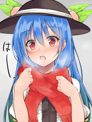 Rule 34 | 1girl, blue hair, blush, breath, food, fruit, grey background, hat, hat ribbon, hinanawi tenshi, long hair, looking at viewer, open mouth, peach, portrait, puffy sleeves, red eyes, red scarf, ribbon, scarf, short sleeves, simple background, solo, text focus, touhou, yuhito (ablbex)