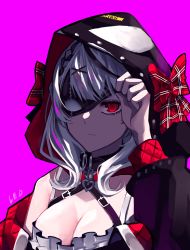 Rule 34 | 1girl, absurdres, black hoodie, black mask, braid, braided bangs, breasts, choker, cleavage, commentary, english commentary, highres, himura soichiro, hololive, holox, hood, hoodie, looking at viewer, mask, mask lift, mask over one eye, medium breasts, open clothes, open hoodie, pink background, red eyes, red ribbon, ribbon, sakamata chloe, sakamata chloe (1st costume), short hair, silver hair, virtual youtuber