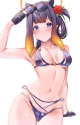Rule 34 | 1girl, absurdres, alternate breast size, bikini, black gloves, blue eyes, blunt bangs, blush, flower, gloves, gradient hair, hair flower, hair ornament, halo, highres, hololive, hololive english, looking at viewer, maru ccy, mole, mole under eye, multicolored hair, navel, ninomae ina&#039;nis, o-ring, o-ring bikini, orange hair, purple bikini, purple hair, smile, solo, standing, stomach, sunglasses, swimsuit, tentacle hair, virtual youtuber