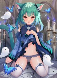 Rule 34 | 1girl, :d, absurdres, animal ears, blue butterfly, blue dress, blue fire, bug, butterfly, candle, cat ears, cat girl, cat tail, clothes lift, detached sleeves, dress, dress lift, fire, full body, ghost, green hair, grey panties, highres, hololive, insect, lifted by self, long sleeves, looking at viewer, navel, nekopurin (nyanko prin), off-shoulder dress, off shoulder, open mouth, panties, red eyes, short dress, sitting, skull brooch, smile, stomach, tail, underwear, uruha rushia, uruha rushia (1st costume), virtual youtuber, wariza, wide sleeves