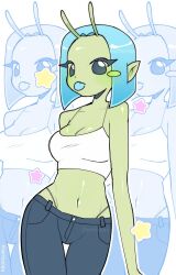 Rule 34 | 1girl, alien, allie (nicuoi), antennae, beffkawa, black eyes, black pants, blue hair, blue tongue, blush stickers, borrowed character, breasts, camisole, cleavage, colored tongue, commentary, cowboy shot, crop top, denim, forehead, highleg, highleg panties, highres, jeans, medium breasts, midriff, navel, original, panties, pants, pointy ears, solo, spaghetti strap, star (symbol), thigh gap, tongue, tongue out, twitter username, underwear, white camisole