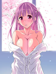Rule 34 | 1girl, areola slip, bare shoulders, blush, breasts, character request, cherry blossoms, cleavage, copyright request, hair ornament, large breasts, long hair, looking at viewer, off shoulder, open clothes, parted lips, petals, pink eyes, pink hair, shirt, solo, suzutsuki kurara, twintails, upper body