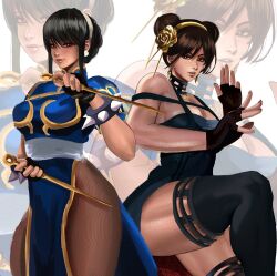 Rule 34 | 2girls, bare shoulders, black dress, black gloves, black hair, black thighhighs, blue dress, bracelet, brown pantyhose, bun cover, capcom, china dress, chinese clothes, chun-li, chun-li (cosplay), cosplay, costume switch, crossover, dagger, double bun, dress, earrings, female focus, fighting stance, gloves, gold earrings, gold hairband, gold headband, hair bun, hair ornament, hairband, highres, holding, holding dagger, holding knife, holding weapon, jewelry, kittymiya, knife, long hair, looking at viewer, multiple girls, pantyhose, pelvic curtain, puffy short sleeves, puffy sleeves, reverse grip, sash, short sleeves, smile, spiked bracelet, spikes, spy x family, street fighter, street fighter 6, thick thighs, thighhighs, thighs, two-sided dress, two-sided fabric, weapon, yor briar, yor briar (cosplay)