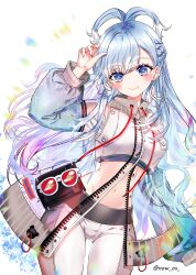 Rule 34 | 1girl, absurdres, arm up, blue eyes, blue hair, blush, crop top, detached sleeves, earrings, highres, hololive, hololive indonesia, jacket, jewelry, kobo kanaeru, kobo kanaeru (1st costume), long hair, looking at viewer, midriff, multicolored hair, navel, pants, see-through, see-through jacket, shiny clothes, smile, solo, sowon, standing, sunglasses, thigh gap, twitter username, virtual youtuber, white background, white hair, white pants