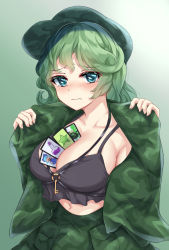 Rule 34 | 1girl, 3:, aqua eyes, between breasts, black tank top, blush, breasts, camouflage, camouflage jacket, camouflage skirt, card, card between breasts, cirno, cleavage, closed mouth, collarbone, fingernails, furrowed brow, gradient background, green background, green hair, green hat, green jacket, hat, jacket, kaeranu kaeru, key, large breasts, long hair, looking at viewer, midriff, navel, nose blush, removing jacket, simple background, skirt, skirt set, solo, tank top, touhou, unconnected marketeers, upper body, yamashiro takane