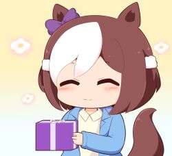 Rule 34 | 1girl, ^ ^, animal ears, blue jacket, blush stickers, bow, box, brown background, brown hair, brown shirt, chibi, closed eyes, closed mouth, collared shirt, ear bow, facing viewer, floral background, gift, gift box, gomashio (goma feet), gradient background, holding, holding gift, horse ears, horse girl, horse tail, jacket, long sleeves, multicolored hair, open clothes, open jacket, purple bow, shirt, sleeves past wrists, solo, special week (umamusume), tail, two-tone hair, umamusume, upper body, white background, white hair