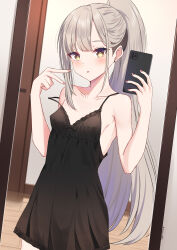 Rule 34 | 1girl, absurdres, bare shoulders, black nightgown, blush, brown eyes, collarbone, commentary, covered erect nipples, ear piercing, grey hair, high ponytail, highres, holding, holding phone, indoors, long hair, looking at viewer, maru.selinn, nightgown, original, paid reward available, parted lips, phone, piercing, selfie, solo, spaghetti strap, strap slip, v
