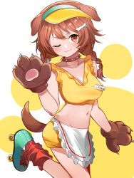 Rule 34 | 1girl, :3, animal ears, animal hands, apron, bare shoulders, bone hair ornament, braid, breasts, brown eyes, brown hair, cleavage, closed mouth, collar, collarbone, commentary, crop top, dog ears, dog girl, dog tail, doggy god&#039;s street, gloves, hair ornament, head tilt, highres, hiroikara (smhong04), hololive, inugami korone, large breasts, looking at viewer, loose socks, low twin braids, medium hair, midriff, miniskirt, navel, official alternate costume, one eye closed, paw gloves, red collar, red socks, roller skates, skates, skirt, sleeveless, smile, socks, solo, spiked collar, spikes, standing, standing on one leg, stomach, tail, twin braids, virtual youtuber, visor cap, waist apron, white apron, yellow skirt