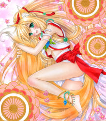 Rule 34 | 1girl, 6kusa, :d, animal ears, anklet, armlet, ass, bad id, bad pixiv id, barefoot, between legs, blush, breasts, cameltoe, cleavage, fang, feet, flower, fox ears, fox tail, jewelry, long hair, long legs, lying, midriff, on side, open mouth, original, panties, smile, solo, tail, tail between legs, underboob, underwear, very long hair, very long tail, white panties