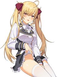 Rule 34 | 1girl, :3, :p, absurdres, ahoge, between legs, blonde hair, blush, breasts, clothes lift, goumudan, hair ribbon, hand between legs, highres, lifted by self, long hair, long sleeves, medium breasts, nijisanji, no panties, pink eyes, ribbon, school uniform, sidelocks, simple background, sitting, skirt, skirt lift, solo, takamiya rion, thighhighs, tongue, tongue out, twintails, virtual youtuber, white background, white thighhighs