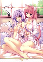 Rule 34 | 2girls, :3, ;d, absurdres, animal ears, areola slip, artist name, bed, blush, blush stickers, bow, bow panties, breasts, brush, brushing, cat ears, cat tail, cleavage, collarbone, copyright request, dengeki moeou, dog ears, dog tail, dress shirt, frilled pillow, frills, glint, heart, heart print, highres, jewelry, large breasts, legs, medium breasts, mouth hold, multiple girls, naked shirt, nanaroba hana, necklace, nipple slip, nipples, no bra, no panties, one eye closed, open clothes, open mouth, open shirt, page number, panties, pillow, pink eyes, pink hair, pink panties, plant, polka dot, polka dot panties, potted plant, purple hair, ring, ring necklace, scan, shiny skin, shirt, sitting, smile, stuffed animal, stuffed cat, stuffed toy, tail, underwear, yellow eyes, yokozuwari