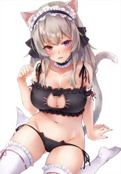 Rule 34 | 1girl, animal ears, black panties, breasts, brown eyes, cat ears, cat girl, cat tail, choker, cleavage, cleavage cutout, clothing cutout, fang, frilled choker, frills, grey hair, hand on ground, heterochromia, highres, large breasts, long hair, looking up, maid headdress, marisasu (marisa0904), open mouth, original, panties, paw pose, purple eyes, simple background, solo, tail, thighhighs, underwear, white background, white thighhighs