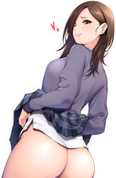 Rule 34 | 1girl, ass, black sweater, blush, breasts, brown eyes, brown hair, closed mouth, clothes lift, commentary request, copyright request, cowboy shot, earrings, from behind, heart, highres, jewelry, lifting own clothes, long hair, long sleeves, looking at viewer, looking back, medium breasts, miniskirt, no panties, pink lips, plaid, plaid skirt, pleated skirt, shouji nigou, simple background, skirt, skirt lift, smile, solo, stud earrings, sweater, white background