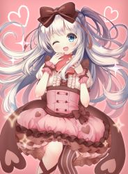 Rule 34 | 1girl, ;d, black ribbon, black thighhighs, blue eyes, blush, bow, box, brown bow, buttons, commentary request, floating hair, frilled shirt, frilled skirt, frills, glint, hair bow, hands up, heart, highres, holding, holding box, leg ribbon, long hair, looking at viewer, nail polish, one eye closed, one side up, open mouth, original, pink background, pink nails, pink skirt, puffy short sleeves, puffy sleeves, ribbon, shirt, short sleeves, sidelocks, silver hair, single thighhigh, skirt, smile, solo, sparkle, striped clothes, striped thighhighs, thighhighs, underbust, white ribbon, white shirt, wrist cuffs, yatsuki yura