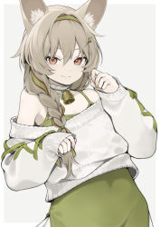 Rule 34 | 1girl, animal ear fluff, animal ears, arknights, bare shoulders, beanstalk (arknights), beanstalk (gift uncompleted) (arknights), bell, braid, brown eyes, commentary, dress, e draw paint, green dress, green hairband, grey background, grey hair, hair between eyes, hairband, long hair, long sleeves, neck bell, off-shoulder sweater, off shoulder, official alternate costume, simple background, single braid, solo, sweater, upper body, white sweater