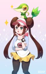 Rule 34 | 1girl, blush, bow, breasts, bright pupils, brown hair, commentary request, creatures (company), double bun, game freak, gen 5 pokemon, green eyes, hair bun, hand on own chin, hand up, highres, imitating, long hair, nintendo, open mouth, pantyhose, pantyhose under shorts, pink bow, pokemon, pokemon (creature), pokemon bw2, pokemon masters ex, raglan sleeves, rosa (pokemon), shirt, short shorts, shorts, snivy, sparkle, stroking own chin, tomashuu, tongue, twintails, visor cap, white pupils, yellow shorts