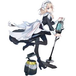 Rule 34 | 1girl, black dress, blonde hair, blue eyes, boots, bow, braid, dress, from side, full body, g36 (girls&#039; frontline), game cg, girls&#039; frontline, girls&#039; frontline neural cloud, hair bow, high heel boots, high heels, highres, leg up, long hair, looking at viewer, maid, maid headdress, official art, pantyhose, solo, transparent background, vacuum cleaner