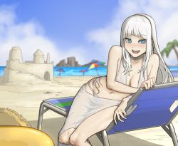 Rule 34 | 1girl, beach, bikini, blue sky, blunt bangs, blush, borrowed character, bright pupils, chair, character request, check character, cloud, cloudy sky, francisca (gogalking), highres, long hair, navel, open mouth, original, outdoors, rusellunt, sand, sand castle, sand sculpture, shadow, sitting, sky, smile, solo, swimsuit, umbrella, water, white bikini, white hair, white pupils