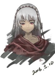 Rule 34 | 1girl, altera (fate), blunt bangs, closed mouth, collarbone, commentary request, dark-skinned female, dark skin, fate/grand order, fate (series), grey hair, headdress, highres, looking at viewer, partial commentary, red eyes, red scarf, scarf, short hair, simple background, solo, tan, ten no hoshi, veil