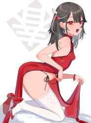 Rule 34 | 1girl, absurdres, beijuu, beni-chan (beijuu), black hair, bracelet, breasts, china dress, chinese clothes, dress, earrings, from side, full body, hair ornament, high heels, highres, jewelry, kneeling, long hair, looking at viewer, looking to the side, multicolored hair, open mouth, original, panties, red dress, red eyes, red footwear, shoes, side-tie panties, simple background, small breasts, solo, streaked hair, teeth, thighhighs, underwear, upper teeth only, white background, white hair, white thighhighs