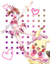 Rule 34 | 00s, 1girl, :3, absurdres, anklet, blue eyes, blurry, blush, bow, bowtie, brown hair, clothed pokemon, cosplay pikachu, creatures (company), depth of field, game freak, gen 1 pokemon, hair bow, heart, heart-shaped pupils, high heels, highres, idol, jewelry, may (pokemon), navel, nintendo, no socks, open mouth, pikachu, pikachu pop star, pleated skirt, pokemon, pokemon (creature), pokemon rse, polka dot, polka dot background, rie (moyktti), shorts, shorts under skirt, showgirl skirt, skirt, smile, symbol-shaped pupils, wristband