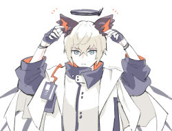 Rule 34 | 1boy, animal ears, arknights, black gloves, black shirt, blonde hair, blue eyes, cape, cat boy, cat ears, commentary request, executor (arknights), fingerless gloves, frown, gloves, halo, id card, jacket, long sleeves, looking at viewer, male focus, multiple bracelets, serious, shirt, simple background, sketch, soppos, twitter username, upper body, white background, white cape, white jacket, wings