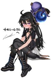Rule 34 | 1girl, ahoge, black choker, black footwear, black gloves, black hair, black pantyhose, black theme, black vest, blush, boots, breasts, choker, cleavage, closed mouth, commission, cross-laced footwear, embarrassed, full body, gloves, hair ornament, hairclip, highres, hugging own legs, interlocked fingers, long hair, looking at viewer, luicent, mole, mole under eye, octopus, original, own hands together, pantyhose, purple eyes, simple background, skeb commission, solo, vest, white background