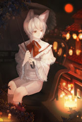Rule 34 | 1boy, animal ears, candle, candlelight, character request, fox boy, fox ears, garam, long sleeves, looking to the side, male focus, official art, pale skin, red eyes, saibai shounen, second-party source, shirt, shorts, solo, umbrella, white hair, white shirt