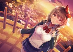 Rule 34 | 1girl, beige cardigan, black skirt, blazer, blush, bow, braid, breasts, brown eyes, brown hair, building, cardigan, city, cloud, collarbone, collared shirt, commentary request, evening, fisheye, from above, hair bow, highres, horizon, jacket, large breasts, looking at viewer, open mouth, original, outdoors, plaid neckwear, pleated skirt, railing, red neckwear, school uniform, shiro kuma shake, shirt, sidelocks, skirt, sky, solo, standing, sun, sunset, tree, uniform, white shirt, wooden railing