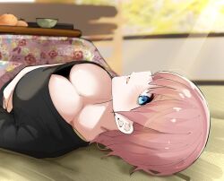 Rule 34 | 1girl, arm under breasts, black shirt, blue eyes, blurry, blurry background, blush, breasts, cleavage, collarbone, commentary, eyelashes, floral print, food, fruit, go-toubun no hanayome, hair between eyes, highres, indoors, kotatsu, large breasts, light rays, lips, looking at viewer, lying, mame1645, mandarin orange, nakano ichika, no bra, nose, on back, open mouth, pink hair, profile, shiny skin, shirt, short hair, sideways glance, solo, table, tatami, under kotatsu, under table, upper body