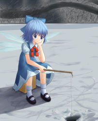 Rule 34 | 1girl, ankle socks, blue eyes, blue hair, bow, box, cirno, dress, fishing line, frozen lake, gin fuaru, grey background, hair bow, head rest, ice fishing, looking away, mary janes, matching hair/eyes, on box, ribbon, shoes, short hair, sitting, smile, socks, solo, touhou, wings