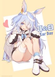 Rule 34 | 1girl, animal ears, bandage over one eye, bandaged head, bandaged leg, bandages, black shorts, blue eyes, boots, doll joints, ear tag, elbow gloves, gloves, grey hair, heart, highres, joints, legs, linmiu (smilemiku), little witch nobeta, long hair, looking at viewer, monica (little witch nobeta), official art, open mouth, rabbit ears, short shorts, shorts, sitting, smile, socks, solo, striped clothes, striped socks, tabard, thighs, two side up, very long hair, white footwear, white gloves, white tabard