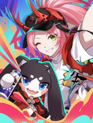 1girl 1other absurdres baseball_cap black_hat blue_eyes blush_stickers green_eyes hakka_0922 hat highres holding_spray_can honkai:_star_rail honkai_(series) jacket long_hair one_eye_closed pink_hair pom-pom_(honkai:_star_rail) ponytail rappa_(honkai:_star_rail) red_jacket second-party_source shirt smile spray_can tied_shirt white_shirt