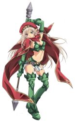 Rule 34 | &gt;:(, 1girl, alleyne (queen&#039;s blade), alleyne (queen's blade), arm up, armpits, beret, blonde hair, blue eyes, blush, boots, braid, breasts, cape, cleavage, elbow gloves, elf, fighting master alleyne, frown, full body, gloves, green footwear, green gloves, green thighhighs, hat, highres, holding, holding weapon, long hair, looking at viewer, midriff, navel, official art, parted lips, pointy ears, polearm, queen&#039;s blade, side braid, sideboob, simple background, skirt, small breasts, solo, spear, stomach, tachi-e, thigh boots, thighhighs, tsurime, v-shaped eyebrows, very long hair, weapon, white background, white skirt
