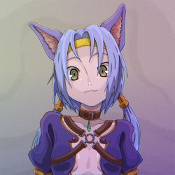 Rule 34 | 1girl, animal ear fluff, animal ears, blue hair, breasts, cat ears, closed mouth, collar, collarbone, green eyes, headband, highres, kaien advance, long hair, looking at viewer, low twintails, meracle chamlotte, o-ring, simple background, small breasts, smile, solo, star ocean, star ocean the last hope, twintails