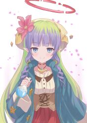 1717inamin 1girl ameth_(princess_connect!) atelier_(series) atelier_sophie blue_coat blue_eyes blunt_bangs braid broken_halo coat commentary cosplay drill_hair drill_sidelocks flask flower green_hair hair_flower hair_ornament halo headscarf highres holding holding_flask jewelry long_hair long_sleeves multicolored_hair necklace pointy_ears princess_connect! purple_hair red_skirt round-bottom_flask side_braids sidelocks skirt solo sophie_neuenmuller sophie_neuenmuller_(cosplay) two-tone_hair very_long_hair voice_actor_connection wide_sleeves yuuka_aisaka