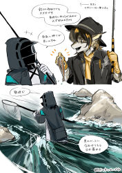 Rule 34 | +++, 1boy, 1other, 2koma, absurdres, animal, arknights, black hair, black headwear, black jacket, blonde hair, comic, doctor (arknights), fins, fish, fishing rod, furry, furry male, gloves, hand net, head fins, highres, holding, holding animal, holding fishing rod, hood, hood up, hooded jacket, jacket, lee (arknights), long sleeves, multicolored hair, open clothes, open jacket, oxy (ho2), shirt, streaked hair, translation request, wading, water, white gloves, white shirt, yellow gloves