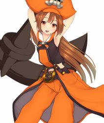 Rule 34 | 1girl, anchor, armpits, arms up, blush, cowboy shot, guilty gear, hat, highres, kiyomin, long hair, looking at viewer, may (guilty gear), orange eyes, orange hat, orange shirt, pants, shirt, simple background, smile, solo, very long hair, white background