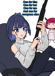 Rule 34 | absurdres, blue eyes, blue hair, chair, commentary, detached sleeves, english commentary, english text, gun, hair intakes, heterochromia, highres, hololive, hololive english, horns, irys (casualrys) (hololive), irys (hololive), koizumi arata, long hair, multicolored hair, multiple girls, official alternate costume, ouro kronii, ouro kronii (casual), pants, pointy ears, purple eyes, purple hair, red hair, short hair, shotgun, streaked hair, sweater, turtleneck, turtleneck sweater, virtual youtuber, weapon