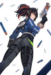 1girl ass black_gloves black_pants blue_jacket clothes_writing commentary english_commentary feet_out_of_frame gloves gun highres holding holding_gun holding_weapon jacket jourd4n leggings long_sleeves nerf_gun pants revision simple_background solo standing weapon white_background zenless_zone_zero zhu_yuan