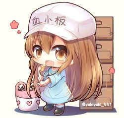 Rule 34 | 10s, 1girl, :d, beige background, black footwear, blue shirt, blush, boots, box, brown eyes, brown hair, cardboard box, character name, chibi, clothes writing, commentary request, flat cap, hair between eyes, hat, hataraku saibou, holding, index finger raised, long hair, open mouth, outstretched arm, platelet (hataraku saibou), shadow, shirt, short sleeves, smile, solo, standing, twitter username, very long hair, whistle, white hat, yukiyuki 441