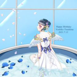 Rule 34 | 1girl, absurdres, alternate hairstyle, angel of eden (love live!), angel wings, ankle cuffs, artist name, artist request, back bow, bare legs, bare shoulders, blue bow, blue flower, blue footwear, blue hair, blue sky, blue wrist cuffs, blush, bow, braid, breasts, collarbone, crown braid, crystal hair ornament, double bun, dress, female focus, flower, frilled dress, frills, from behind, hair bun, hair flower, hair ornament, hair ribbon, high heels, highres, indoors, looking at viewer, looking back, love live!, love live! school idol festival, love live! school idol festival all stars, love live! sunshine!!, miniskirt, parted lips, pink eyes, pink flower, plaid, plaid dress, plaid skirt, pleated, pleated dress, pleated skirt, purple eyes, ribbon, ribbon-trimmed legwear, ribbon trim, short hair, short sleeves, skirt, sky, sleeveless, sleeveless dress, smile, solo, strapless, strapless dress, striped, striped bow, tsushima yoshiko, white detached collar, white dress, white flower, white ribbon, white skirt, white wings, white wrist cuffs, window, wings, wrist cuffs