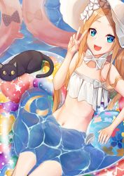Rule 34 | 1girl, abigail williams (fate), abigail williams (swimsuit foreigner) (fate), abigail williams (swimsuit foreigner) (third ascension) (fate), absurdres, alternate costume, ball, bare shoulders, beachball, bikini, black cat, blonde hair, blue eyes, bonnet, bow, breasts, cat, fate/grand order, fate (series), forehead, hair bow, highres, innertube, long hair, looking at viewer, navel, open mouth, parted bangs, partially submerged, revision, sidelocks, small breasts, smile, solo, sora (men0105), swim ring, swimsuit, teeth, tongue, twintails, upper teeth only, v, very long hair, white bikini, white bow, white headwear