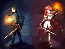 Rule 34 | 1boy, 1girl, absurdres, alm (fire emblem), armor, artist name, black gloves, cape, celica (fire emblem), circlet, closed mouth, detached collar, dress, fingerless gloves, fire, fire emblem, fire emblem echoes: shadows of valentia, fire, gloves, green eyes, green hair, hairband, highres, holding, holding sword, holding weapon, long hair, memeh, nintendo, red eyes, red hair, short hair, stairs, sword, twitter username, weapon